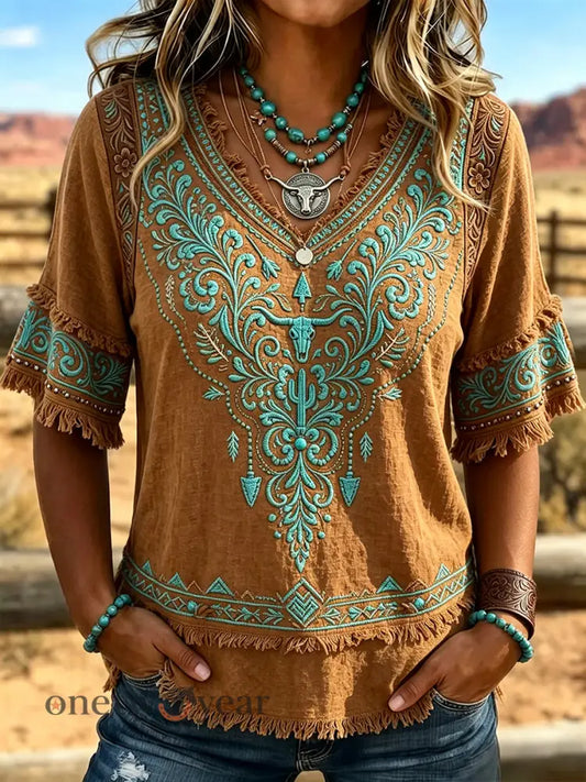 Women’s Vintage Western Pattern Print Tassel Cotton-Linen Shirt - Coffee / S