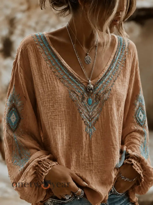 Women’s Vintage Western Printed V-neck Cotton-Linen Shirt - As picture / S