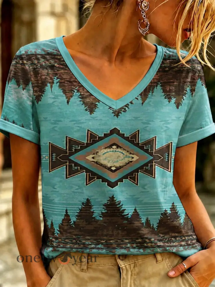 Women’s Vintage Western Printed V-neck T-shirt - As picture / S
