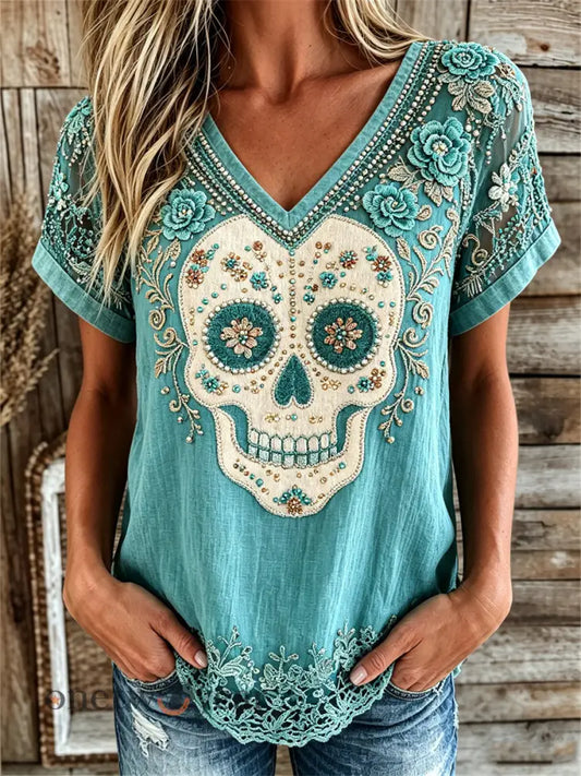Women’s Vintage Western Sugar Skull Turquoise Floral Print linen short-sleeved T-shirt - Blue-Green / S