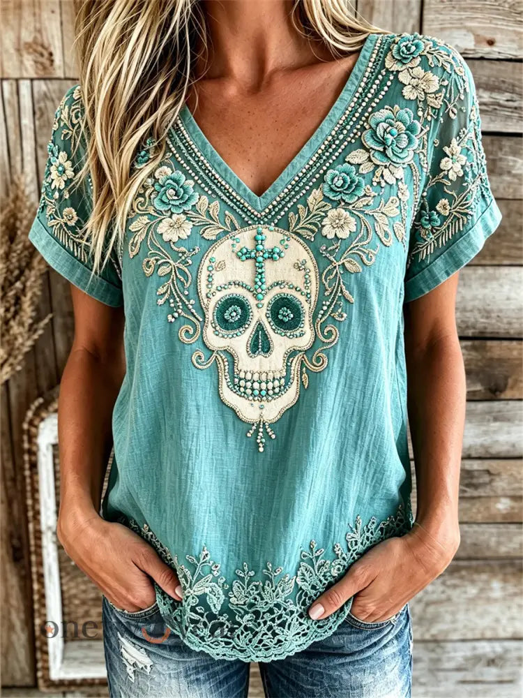 Women’s Vintage Western Sugar Skull Turquoise Floral Print linen short-sleeved T-shirt - Blue-Green / S
