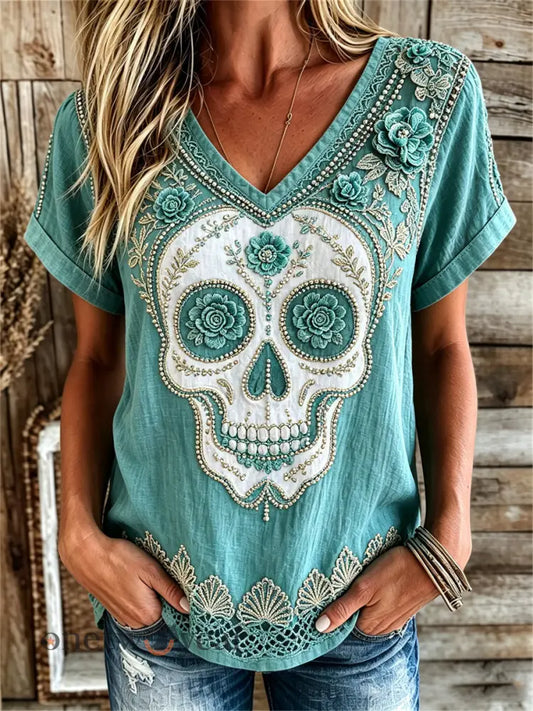 Women’s Vintage Western Sugar Skull Turquoise Floral Print linen short-sleeved T-shirt - Blue-Green / S