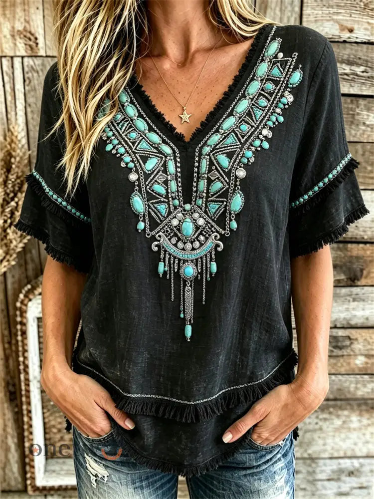 Women’s Vintage Western Turquoise Art Print Layered Fringe Trim Cotton-Linen Shirt - Black / S