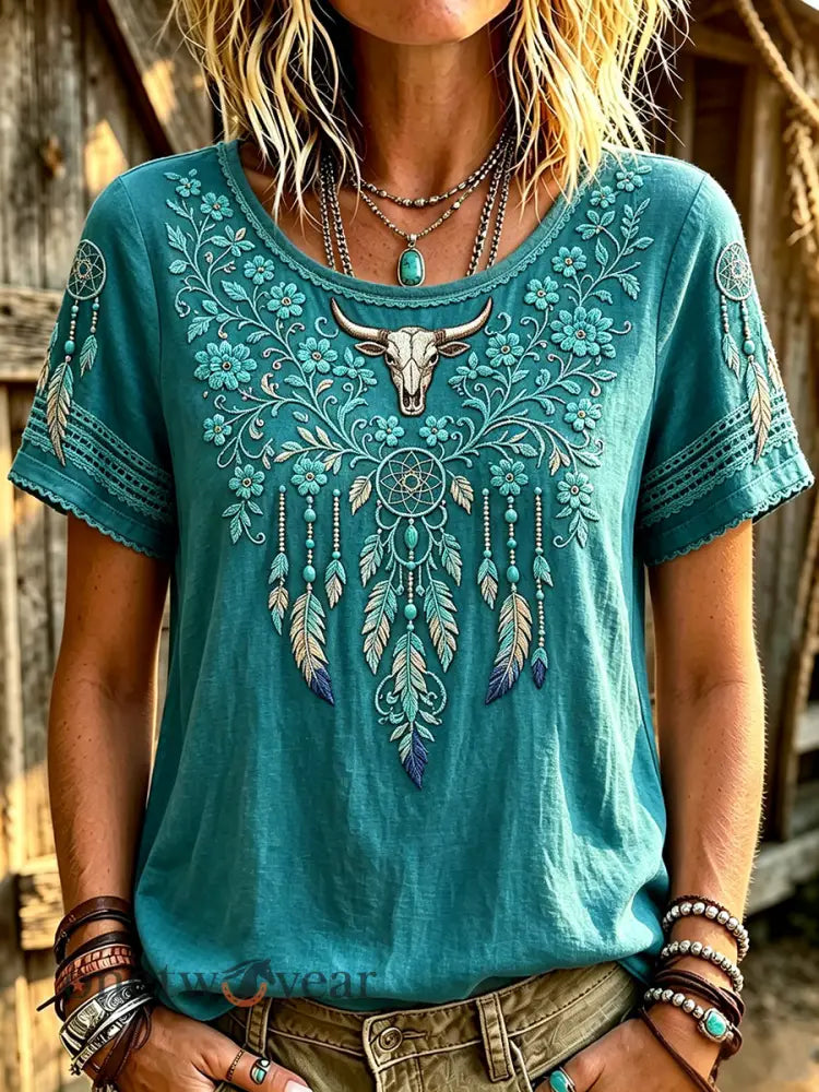 Women’s Vintage Western Turquoise Floral Art Print Linen Short-sleeved T-shirt - Turquoise / S