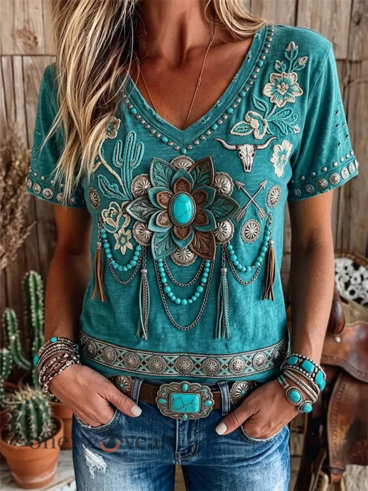 Women’s Vintage Western Turquoise Floral Art Print Short-sleeved T-shirt - Turquoise / S