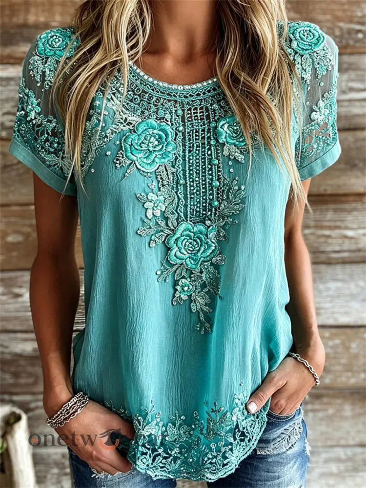 Women’s Vintage Western Turquoise Floral Print linen short-sleeved T-shirt - Blue-Green / S