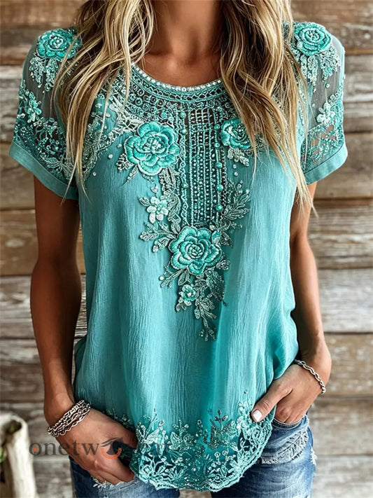 Women’s Vintage Western Turquoise Floral Print linen short-sleeved T-shirt - Blue-Green / S