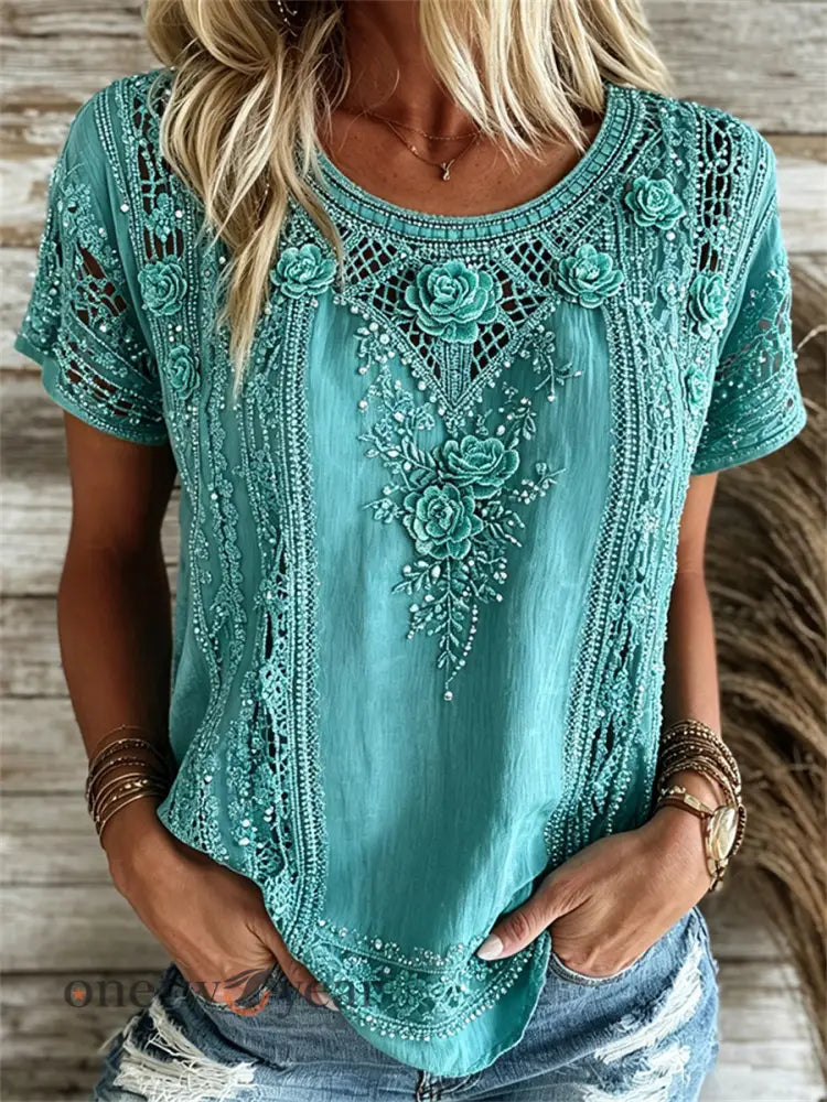 Women’s Vintage Western Turquoise Floral Print linen short-sleeved T-shirt - Blue-Green / S