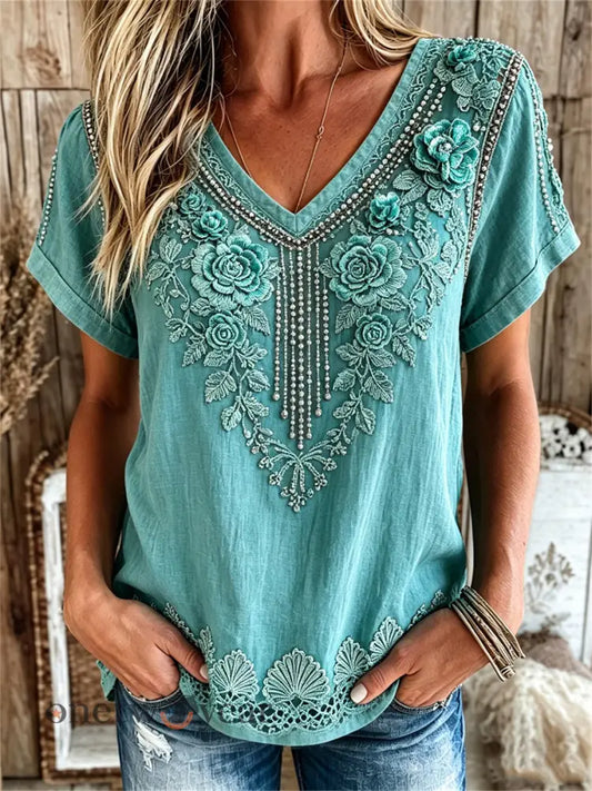 Women’s Vintage Western Turquoise Floral Print linen short-sleeved T-shirt - Blue-Green / S