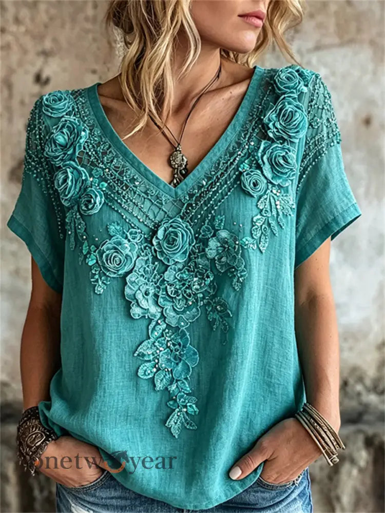 Women’s Vintage Western Turquoise Floral Print linen short-sleeved T-shirt - Blue-Green / S