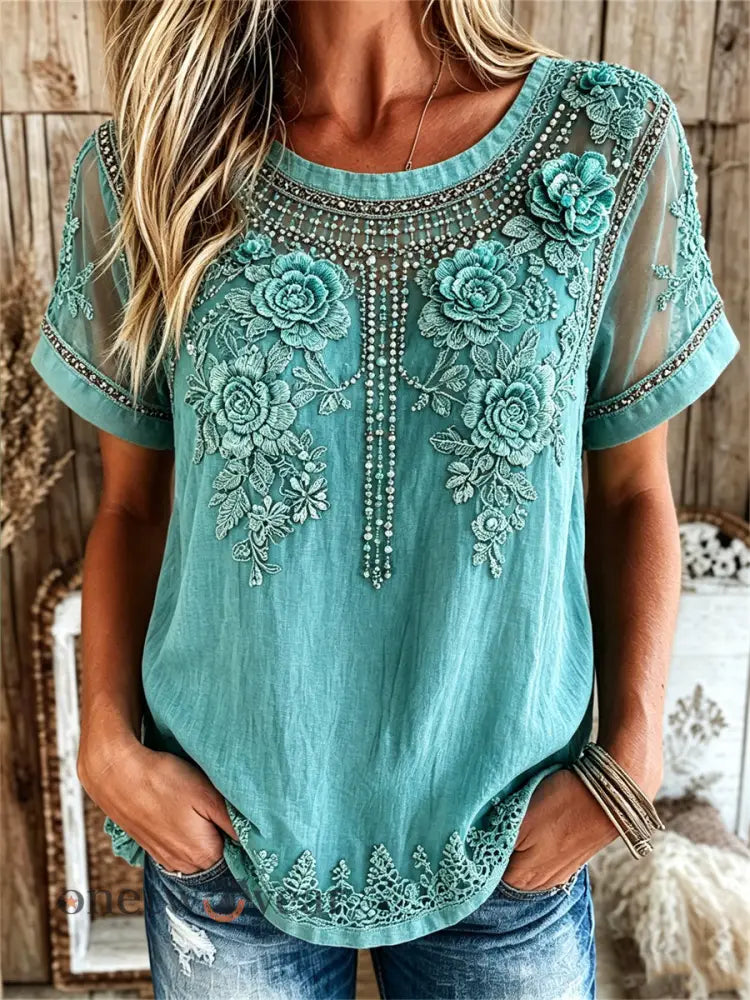 Women’s Vintage Western Turquoise Floral Print linen short-sleeved T-shirt - Blue-Green / S