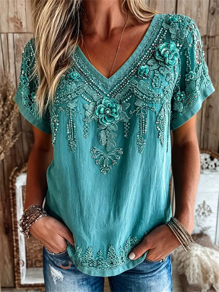 Women’s Vintage Western Turquoise Floral Print linen short-sleeved T-shirt - Blue-Green / S