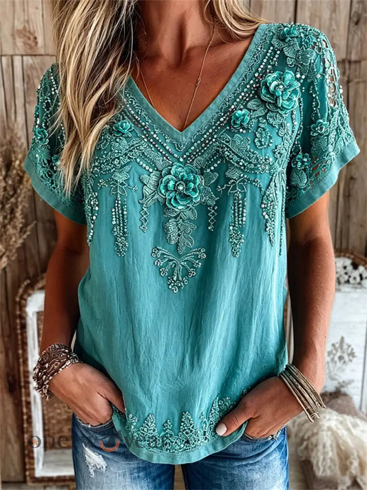 Women’s Vintage Western Turquoise Floral Print linen short-sleeved T-shirt - Blue-Green / S