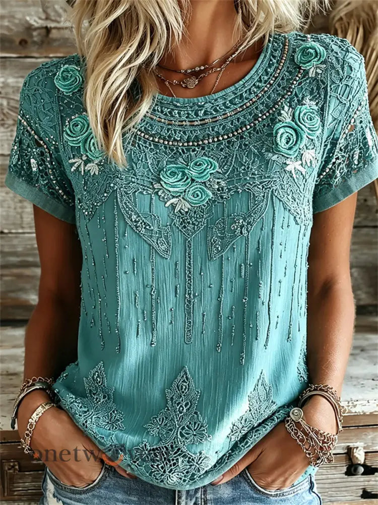 Women’s Vintage Western Turquoise Floral Print linen short-sleeved T-shirt - Blue-Green / S
