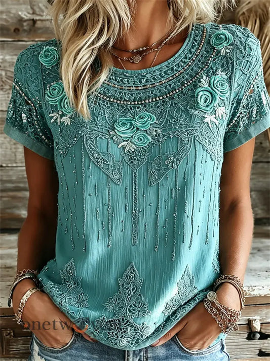 Women’s Vintage Western Turquoise Floral Print linen short-sleeved T-shirt - Blue-Green / S