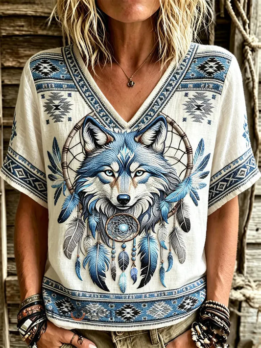 Women’s Vintage Western Wolf Dreamcatcher Ethnic Aztec Print linen short-sleeved T-shirt - White / S