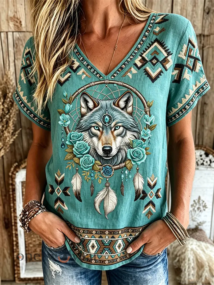 Women’s Vintage Western Wolf & Roses Dreamcatcher Ethnic Aztec Print linen short-sleeved T-shirt - Blue-Green / S