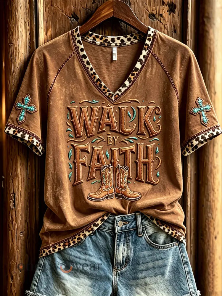Women’s Walk By Faith Western Boots Turquoise Cross Leopard Print short-sleeved T-shirt - Brown / S