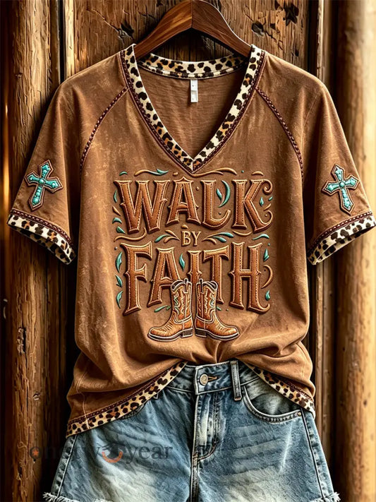 Women’s Walk By Faith Western Boots Turquoise Cross Leopard Print short-sleeved T-shirt - Brown / S