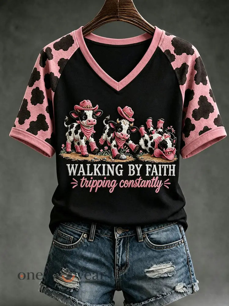 Women’s Walking By Faith Tripping Contantly T-shirt - Black / S