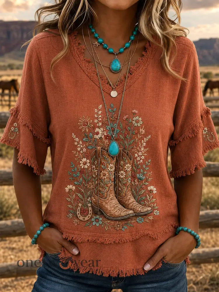 Women’s Western Boot Print Casual Fringed Shirt - Brick Red / S