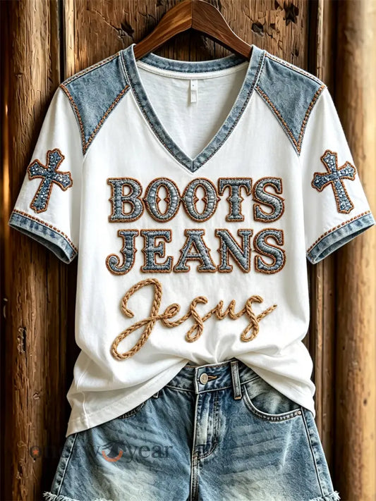 Women’s Western Boots Jeans Jesus Denim Art Print short-sleeved T-shirt - White / S