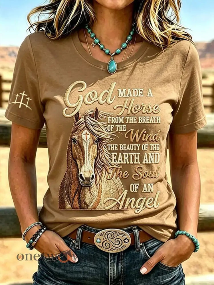 Women’s Western Faith & Horse Short-sleeved T-shirt - Light Brown / S