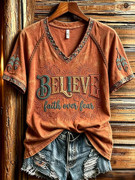 Women’s Western Faith Over Fear Print V-neck Short-sleeved T-shirt - Brown / S