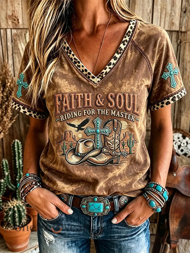 Women’s Western Faith & Soul Leopard Print V-neck Short-sleeved T-shirt - Brown / S