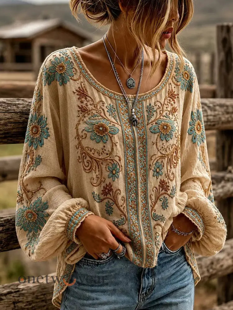 Women’s Western Floral Cotton Linen Shirt - As picture / S
