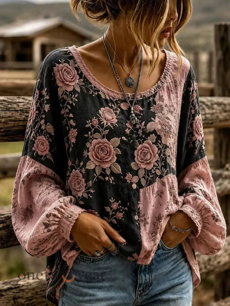 Women’s Western Floral Cotton Linen Shirt - As picture / S