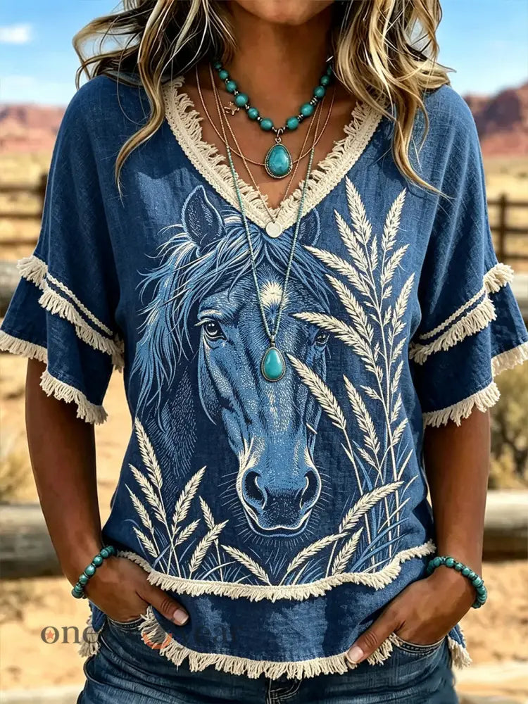 Women’s western horse pattern ethnic style printed casual cotton and linen shirt - Blue / S