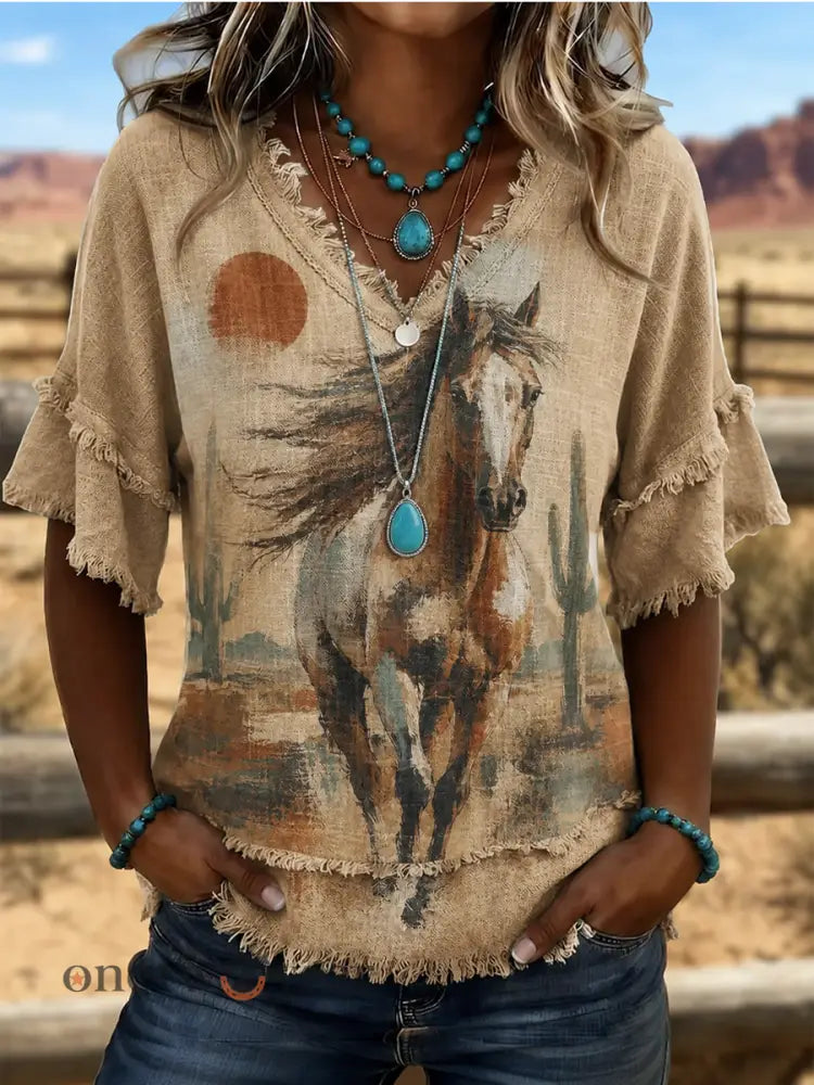 Women’s Western horse print Cotton-Linen Shirt - As picture / S