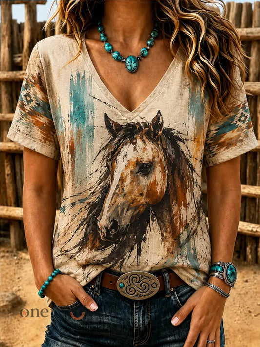 Women’s Western horse print short-sleeved T-shirt - As picture / S