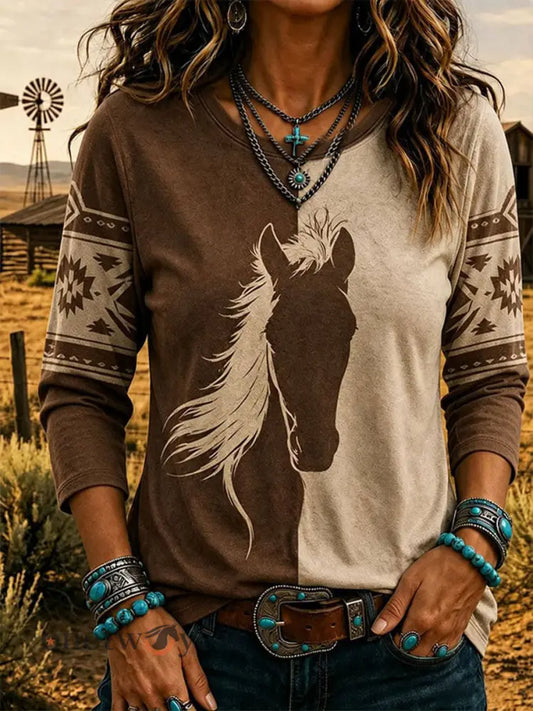 Women’s Western Horse Round Neck Long SLeeve T-shirt - As picture / S