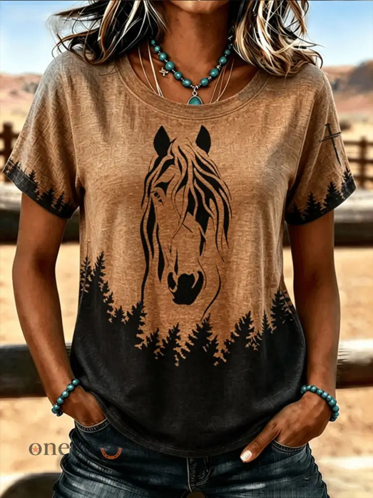 Women’s Western Horse Short-sleeved T-shirt - Brown / S