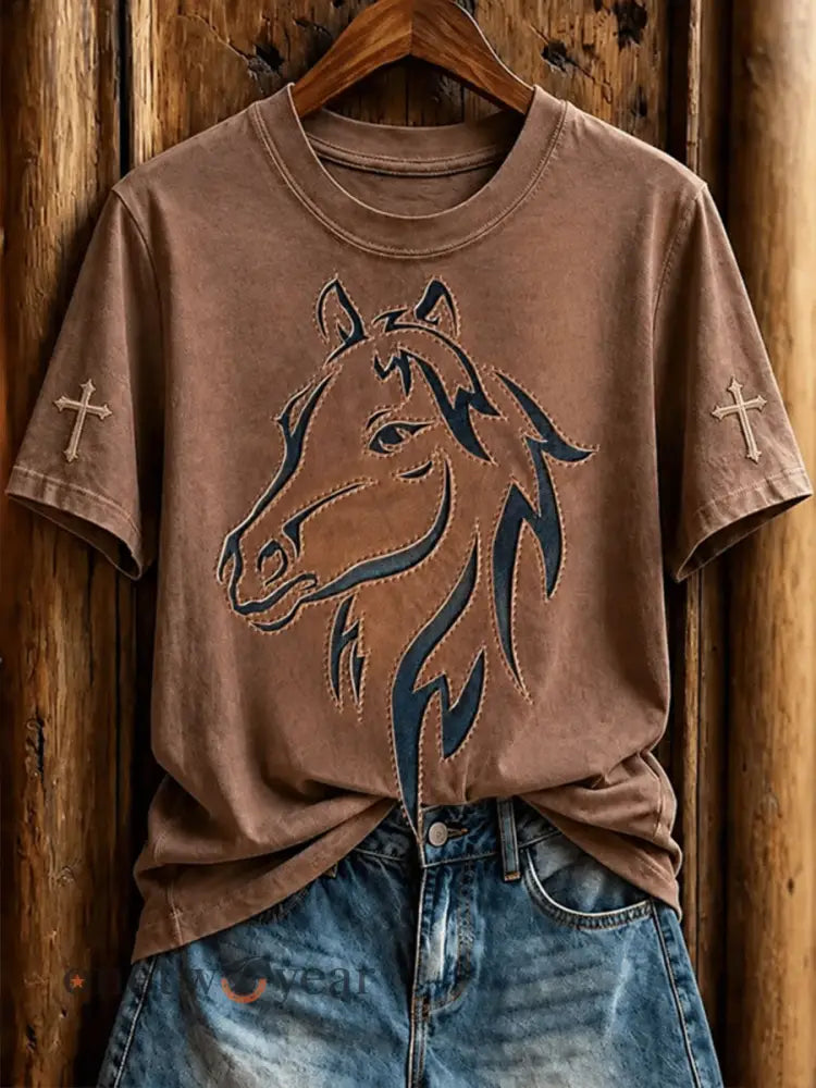 Women’s Western Horse Short-sleeved T-shirt - Brown / S