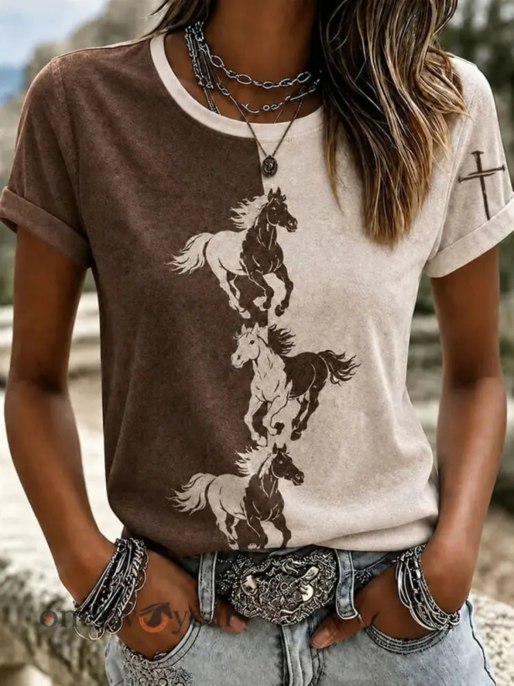 Women’s Western Horse Short-sleeved T-shirt - Dark Brown / S