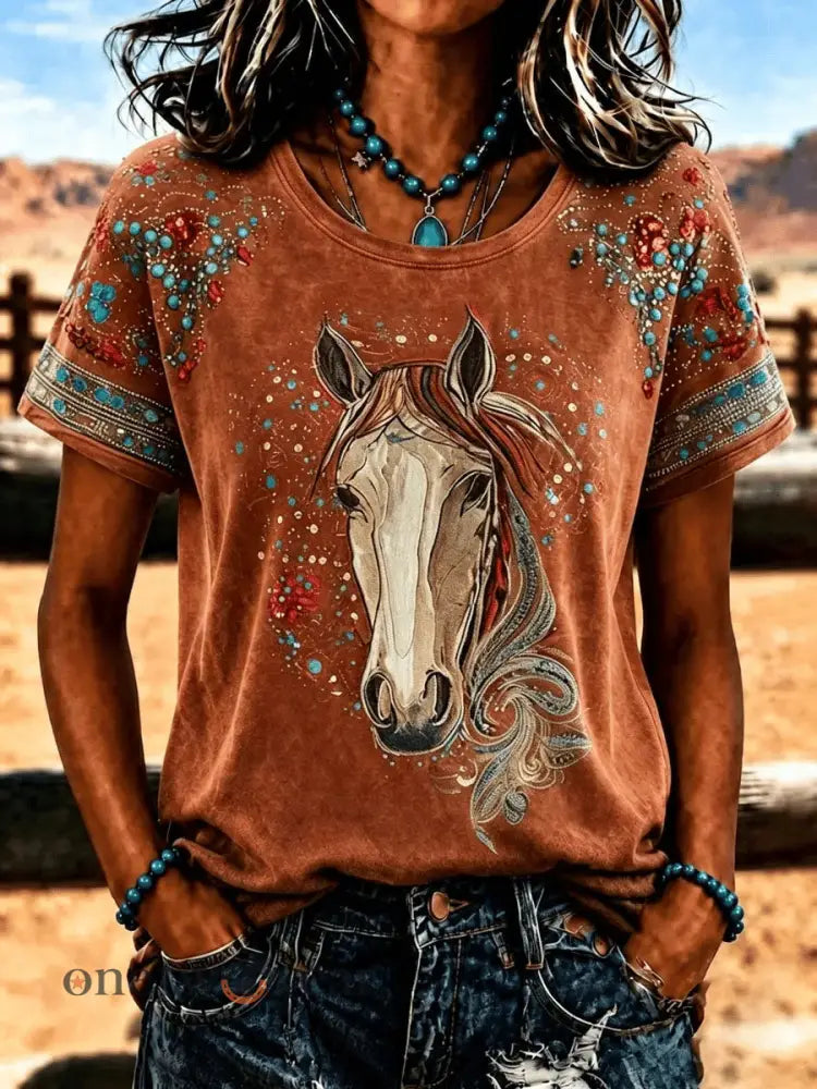 Women’s Western Horse T-shirt - Dark Brown / S