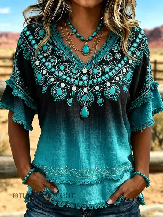 Women’s western style ethnic pattern printed casual cotton and linen shirt - Peacock Blue / S