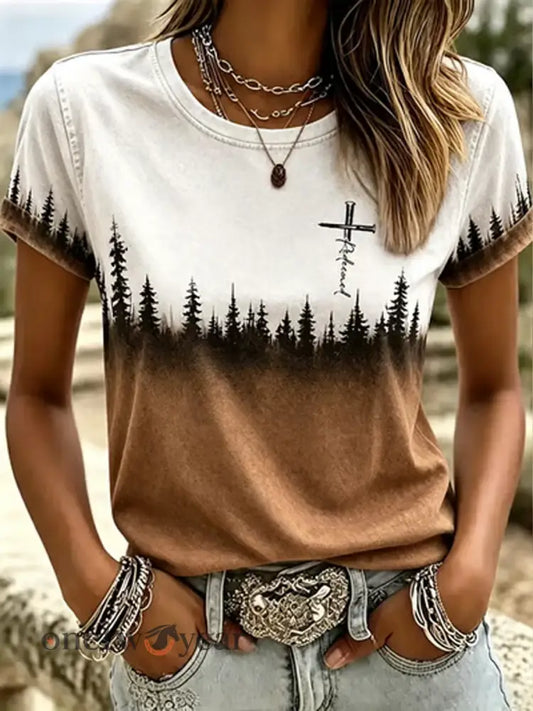 Women’s Western-Style Faith Print short-sleeved T-shirt - Coffee / S