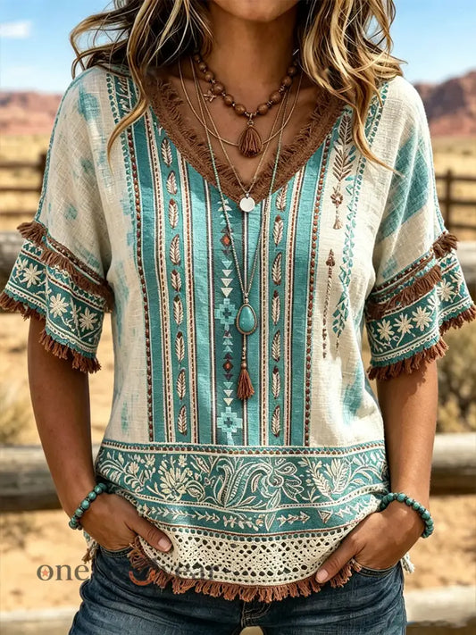 Women’s Western Style Flower Pattern Printed Cotton-Linen Shirt - Peacock Blue / S