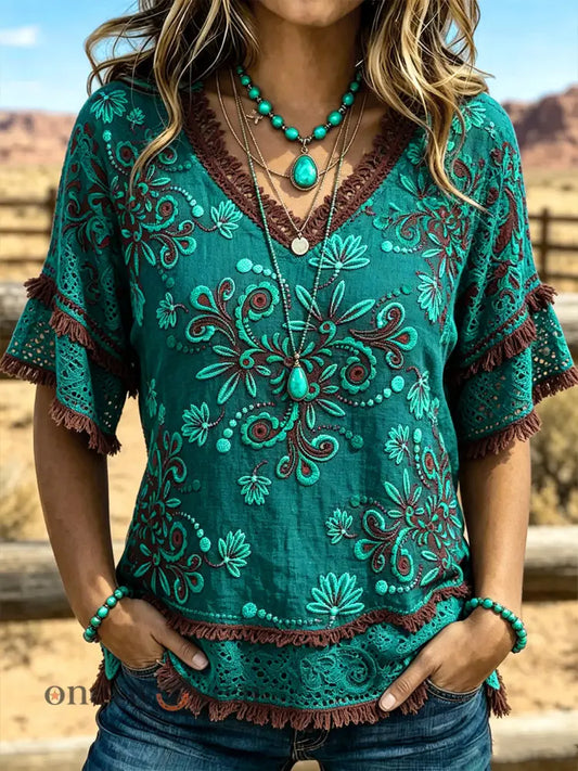 Women’s Western Style Flower Pattern Printed Cotton-Linen Shirt - Peacock Blue / S
