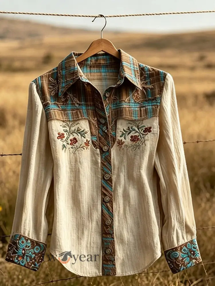 Women’s Western Style Patchwork Printed Leisure Long Sleeve Shirt - S / Light khaki