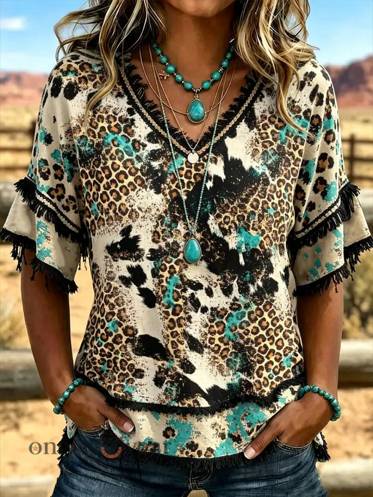 Women’s Western-style Pattern Printed Casual Cotton-Linen Shirt - Creamy-White / S