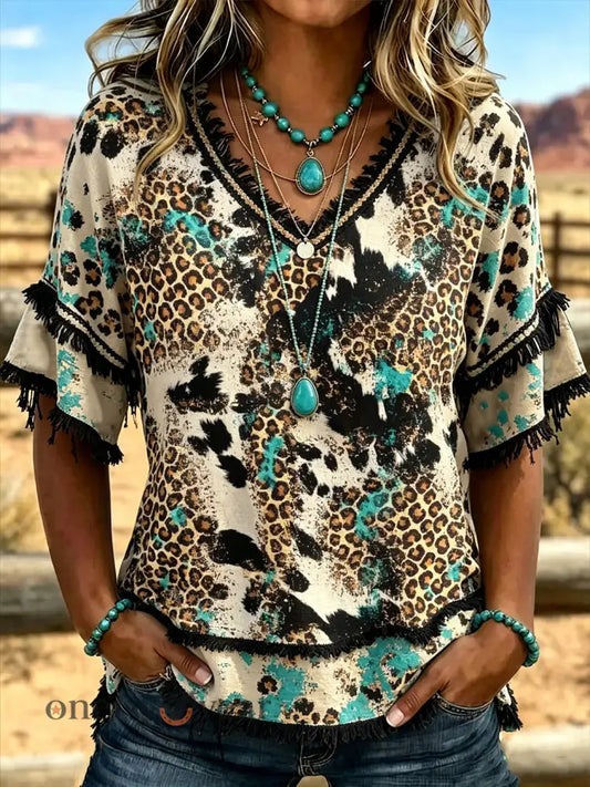 Women’s Western-style Pattern Printed Casual Cotton-Linen Shirt - Creamy-White / S