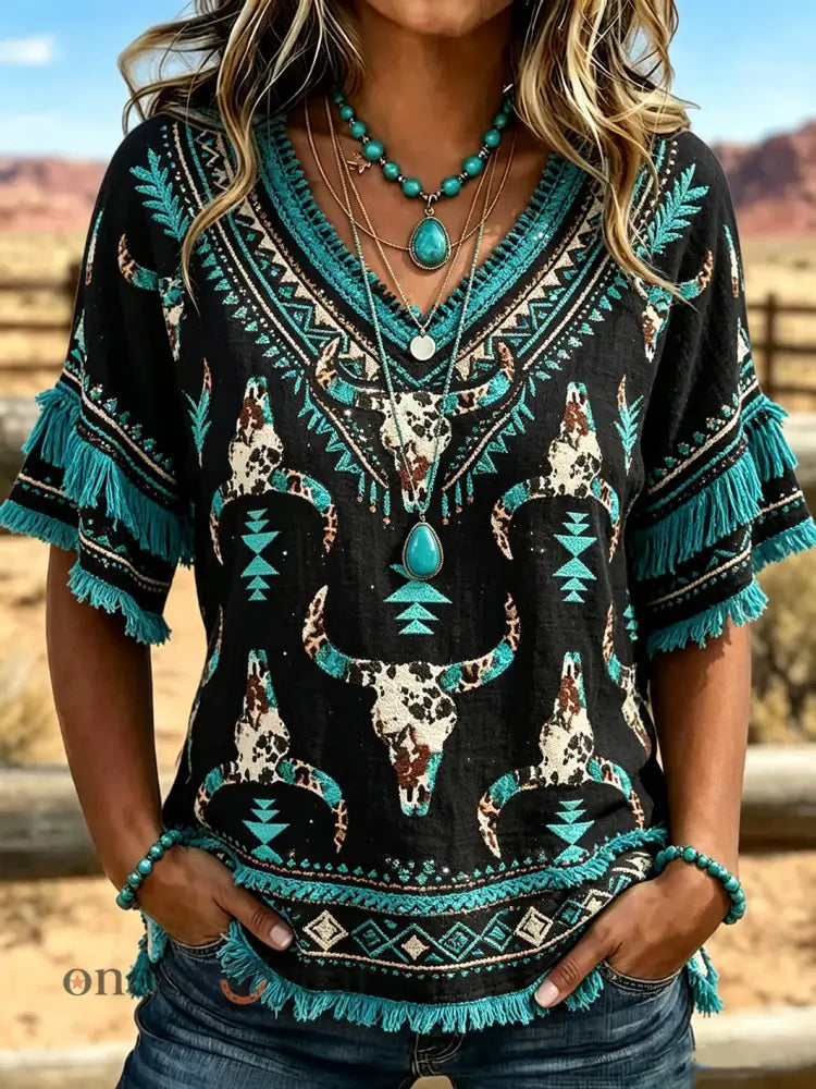 Women’s Western-style Pattern Printed Cotton-Linen Shirt - Black / S