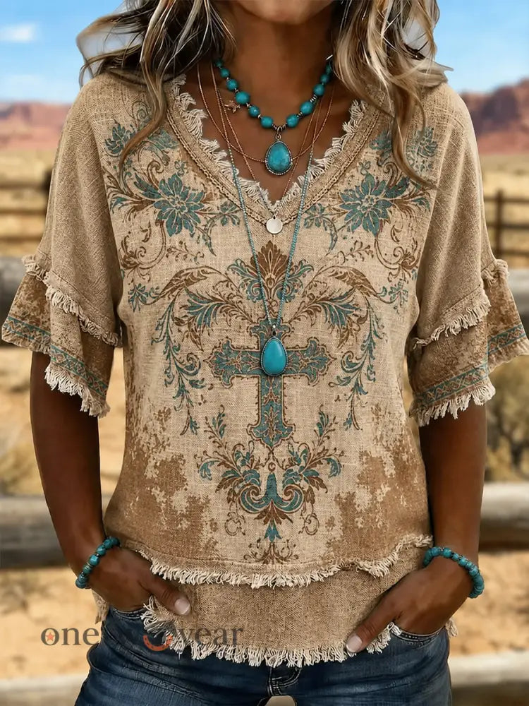 Women’s Western-style print Cotton-Linen Shirt - As picture / S
