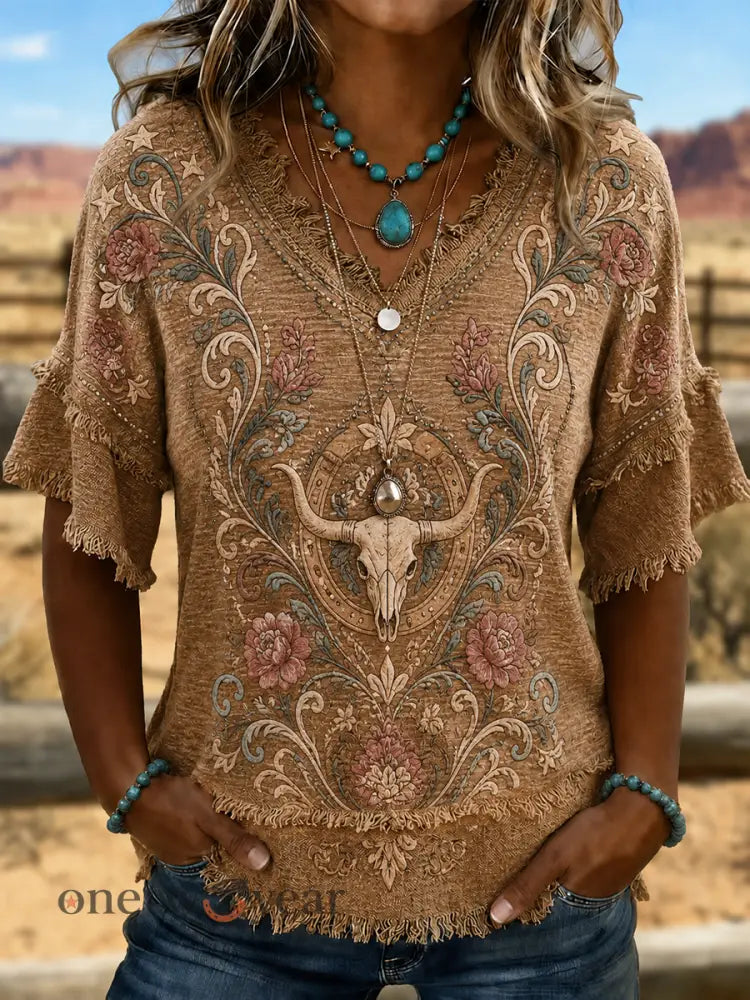 Women’s Western-style print Cotton-Linen Shirt - As picture / S