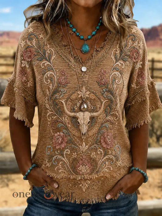 Women’s Western-style print Cotton-Linen Shirt - As picture / S